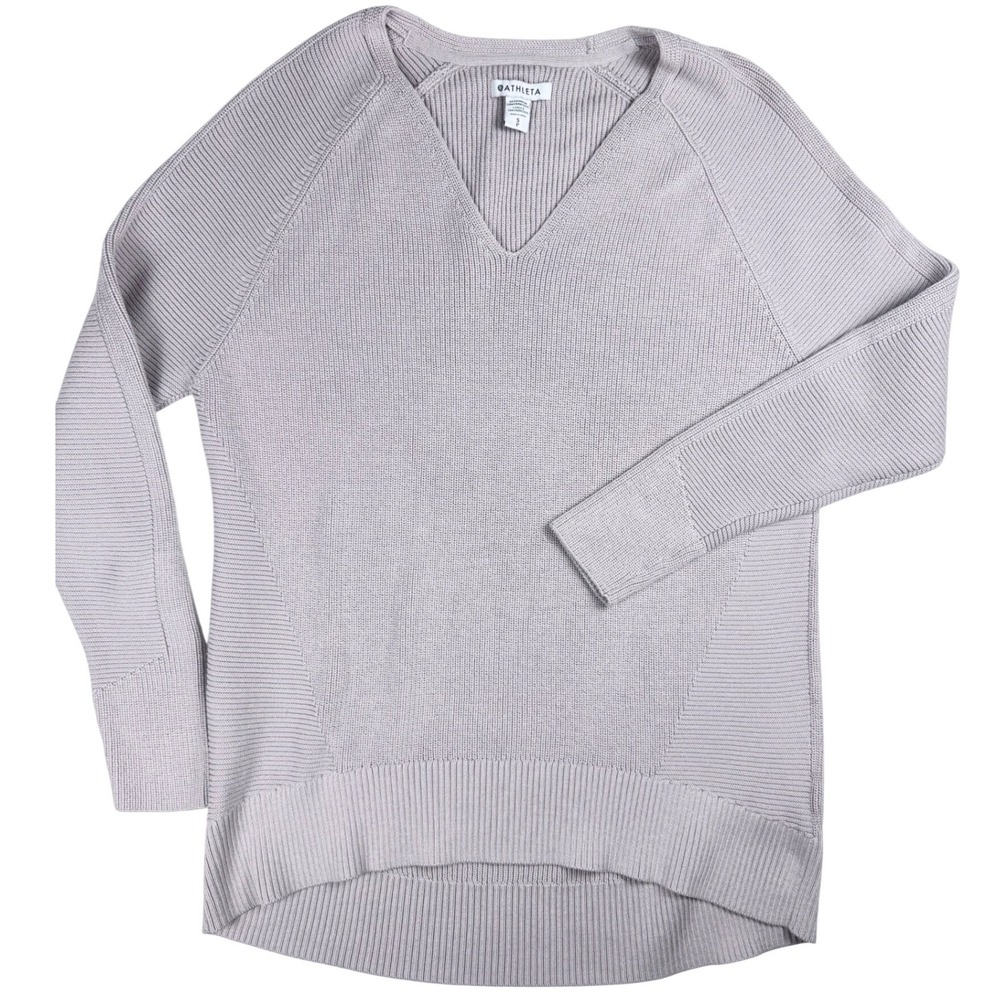 Athleta Hanover V-Neck Sweater Lavender Purple Merino Wool Blend Small HiLo Hem